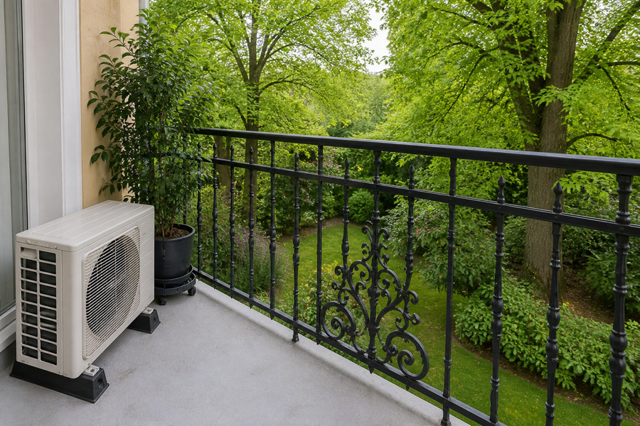 Außengerät auf dem Balkonboden mit Blick in den Garten