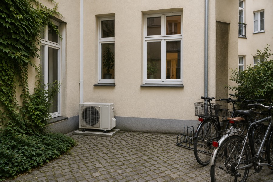 Außengerät im geschlossenen Innenhof eines Altbaus