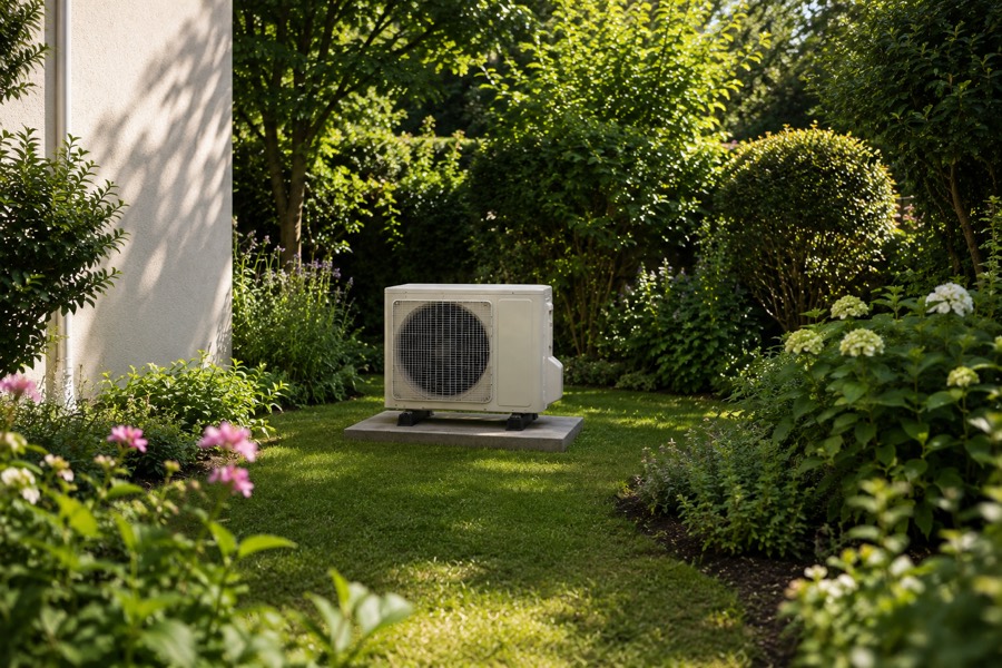 Außengerät auf einer Platte im begrünten Garten