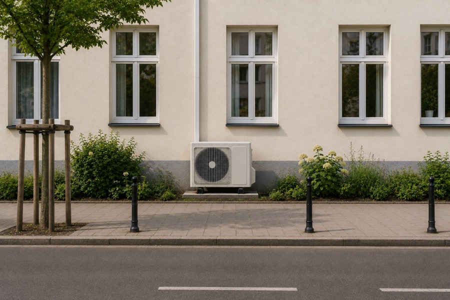 Außengerät an einer Fassade zur Straße hin
