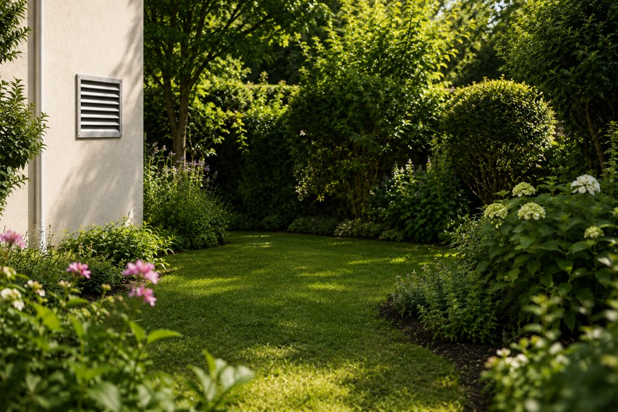 Verkleidetes Klimagerät im Gartenbereich