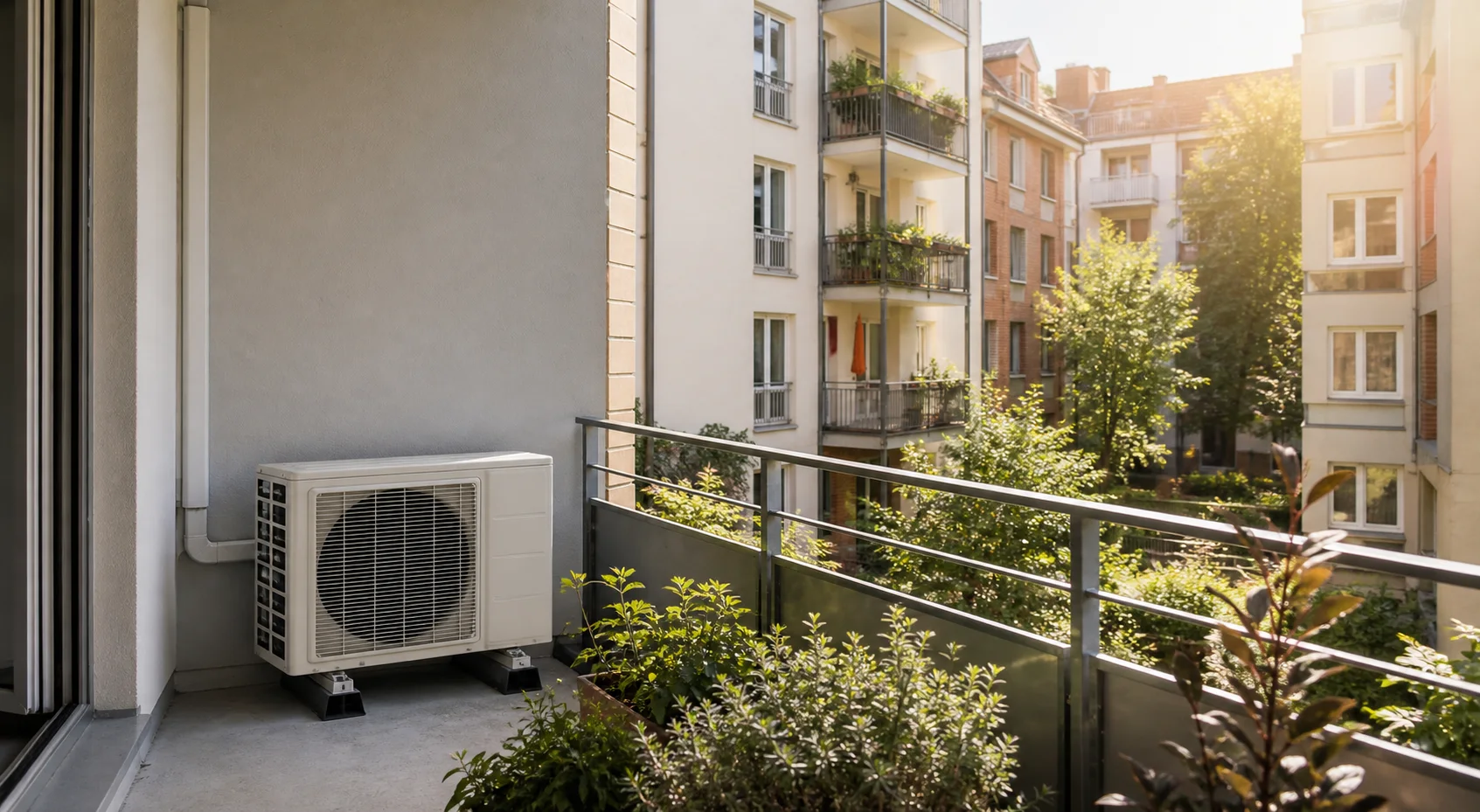 Split-Außengerät auf dem Balkon eines Mehrfamilienhauses