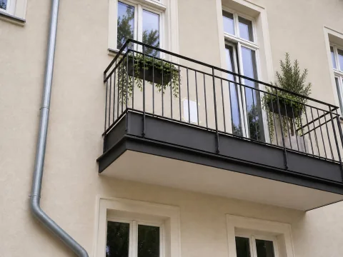 Schrägansicht der Fassade mit Papiermarkierung, ohne Außengerät
